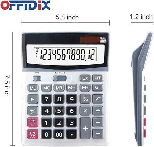 OFFIDIX Large Key Dual Power Electronic Calculator, Portable 12 Digit Large LCD Display Desk Calculator for Daily and Basic Office