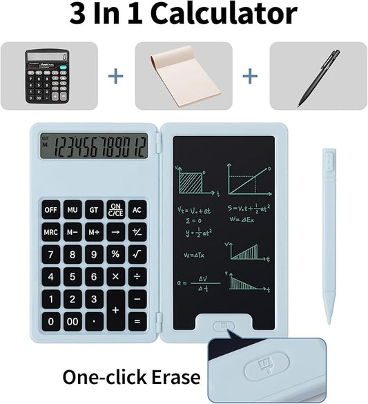 Desk Portable Basic Calculator with Notepad and Stylus, 12 Digit Large Display Multi-Function for Office, School, Home & Basic Financial (Blue)