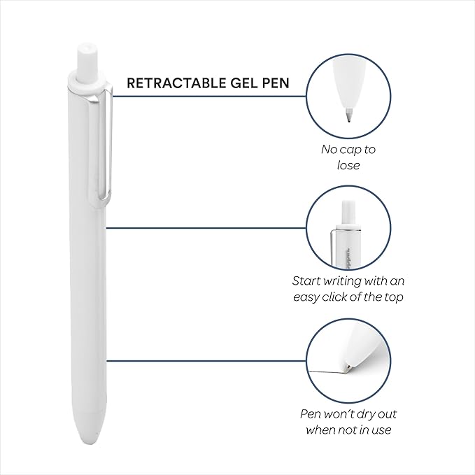 Poppin Stylish Retractable Gel Pens - Fine Point Pens with 0.7mm Tip, Smooth Writing Ink, Metal Clip, 12 Pack (White with Black Ink)