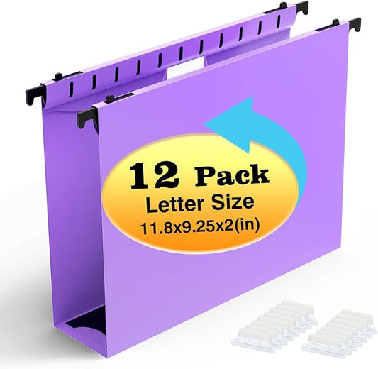 Extra Capacity Plastic Hanging File Folders,12 Pack Reinforced Hang Folders,Heavy Duty 2 Inch Expansion,Plastic Filing Cabinet Folders,Letter Size,Designed for Bulk Files, Medical Charts,Purple