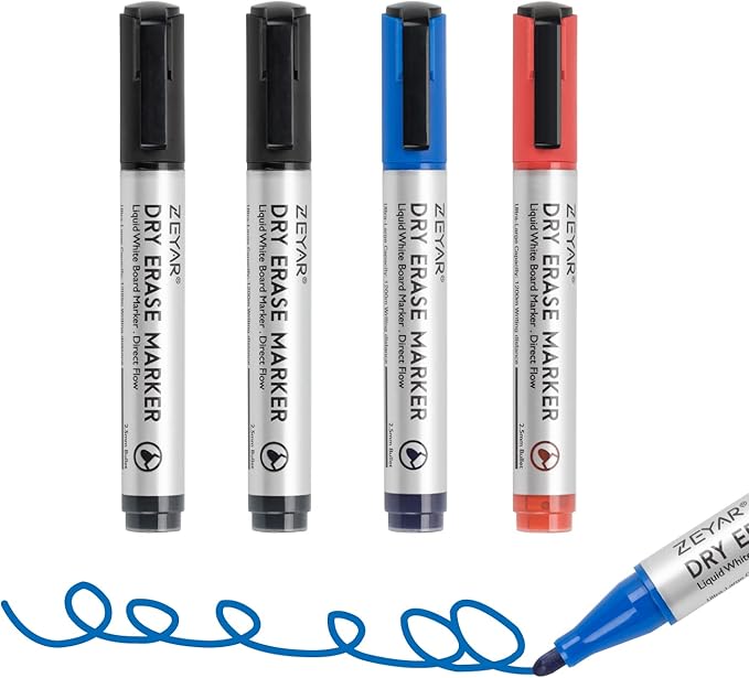 ZEYAR Dry Erase Marker Low-Odor Bullet Tip, Ultra-Large Capacity, Advanced Direct Flow Structure, Whiteboard Marker for School, Office, Home, 4 Count (2 Black,Blue,Red)