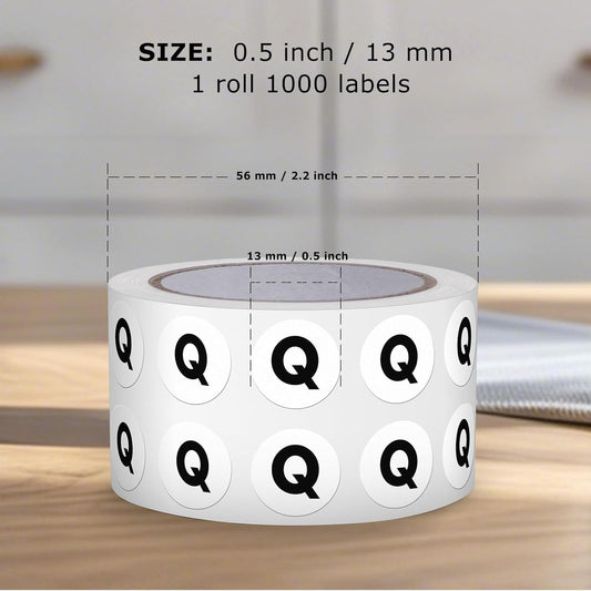 Letter Q Round Stickers 0.5 Inch Vinyl Circle Capital Alphabet Labels Self-Adhesive Removable Waterproof Dots Tags for Home Office Inventory 1000 PCS