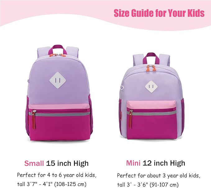 HawLander Little Kids Backpack for Girls Toddler School Bag Fits 3 to 6 years old, 15 inch, Purple