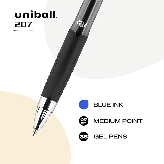 uni-ball 207 Retractable Gel Pens, Medium Point (0.7mm), Blue, 36 Count