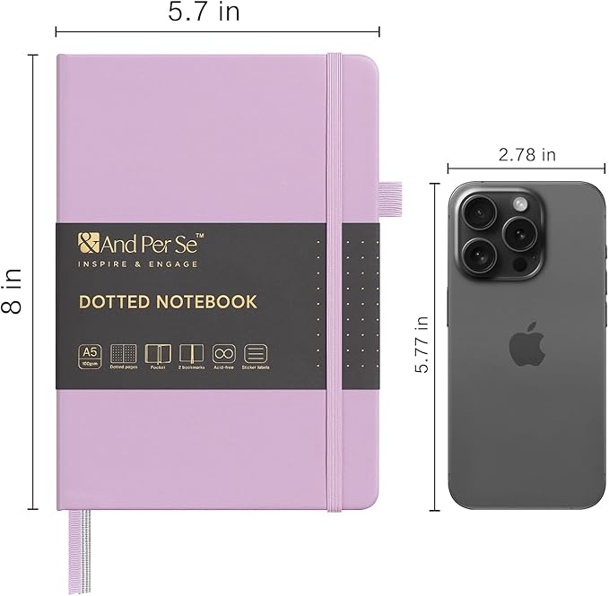 &And Per Se Dotted Journal Notebook, A5 Hardcover Leather Bullet Dotted Journal, 160 Pages 100 gsm Thick Dotted Paper，3 Sheets of Stickers Included - 5.7'' x 8'' (Light lavender)