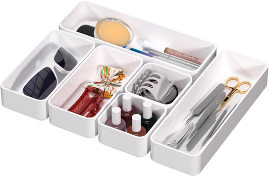 CHANCETSUI 6 PCS Stackable Drawer Organizers Set, Versatile Desk and Vanity Drawer Organizer Trays, Storage Bins for Makeup, Bathroom, Bedroom, Kitchen and Office, White