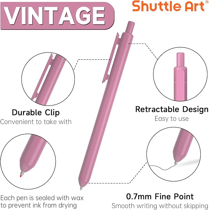 Shuttle Art Colored Retractable Gel Pens, 11 Vintage Ink Colors, Cute Pens 0.7mm Medium Point Quick Drying for Writing Drawing Journaling Note Taking School Office Home