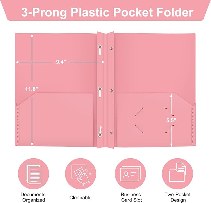 ViVin 12-Pack Durable 3-Prong Plastic Folder, Heavy Duty Pocket Folder with Brads, Pastel Color, Letter Size Poly Folders with 2 Pockets, Cute Folders for Kids, Students, Teachers and Officer (Pink)