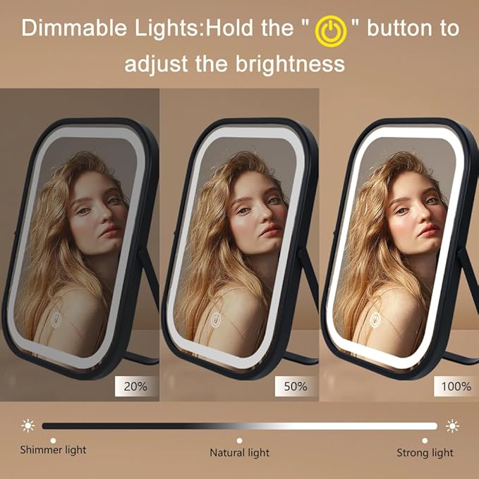 Travel Mirror with Lights, Small LED Makeup Mirror with Lights,Portable Desk Mirror 1200mAh Battery,3 Color Modes,Dimmable Touch Screen, Tabletop Folding Compact Mirror,Women Gift