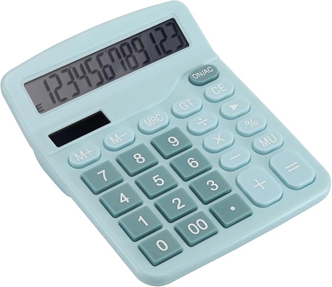 Desk Calculator 12 Digit Office Calculators with Large Screen Display, Dual Solar Power and Battery, Recessed Big Button Calculator for Office Home School（Blue）