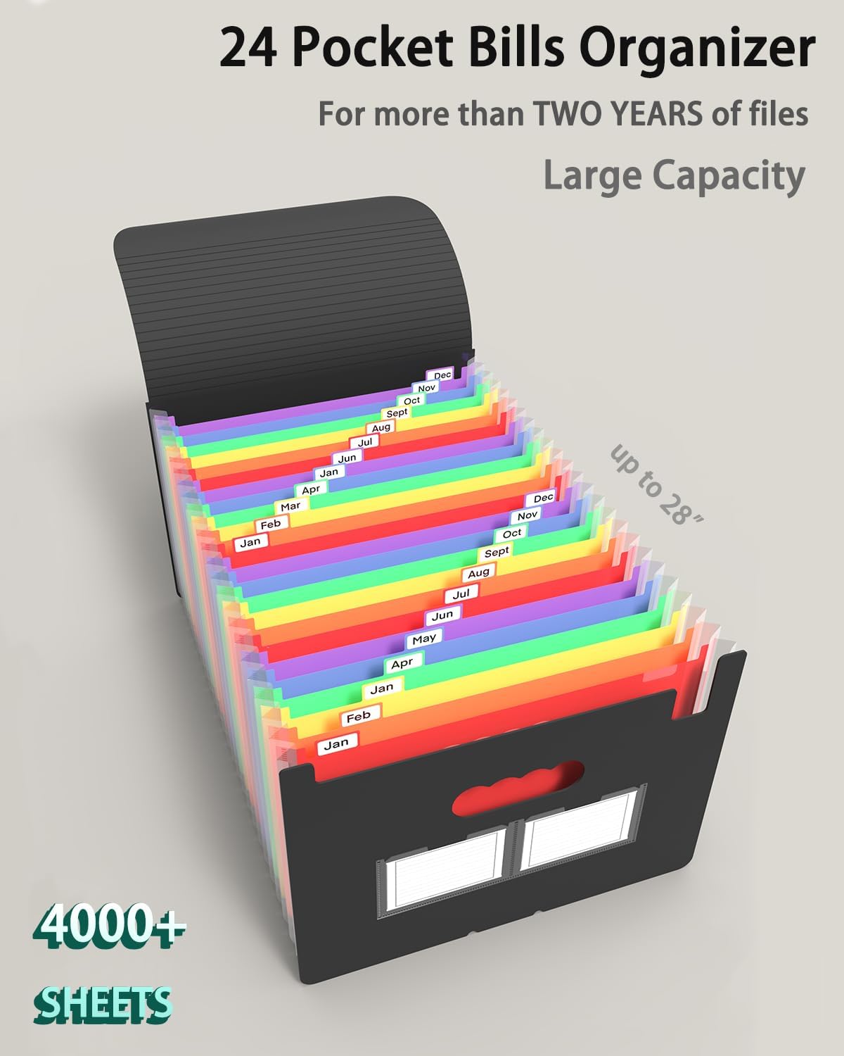 3 Pack Expanding File Folder, 24 Pocket Accordian File Organizer A4 Letter Size Portable Document Organizer with Colored Tabs, Expandable Desktop Accordion Folder -Black