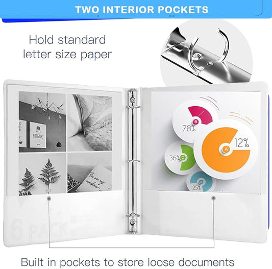 1 Inch Binders 3 Ring, with 2 Interior Pockets,Holds 200 Sheets Letter Size Paper,Resistant,PVC Free,White Three Round Ring Binders for Office, Home, and School Use，White Color,6 Pack