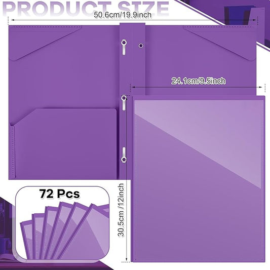 Henoyso 72 Pcs Plastic Folder with Clear Front Pocket and 3 Prong Plastic Folders with Card Slot Pocket Folders with Prongs for School Office (Purple)
