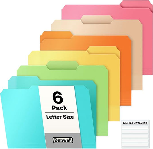 Dunwell Plastic Colored File Folders (6 Pack), 1/3 Tab File Folders for 8.5x11 Letter Size Documents, Assorted Pastel Colors, Acid-Free Poly for Long Term Storage, Includes Labels