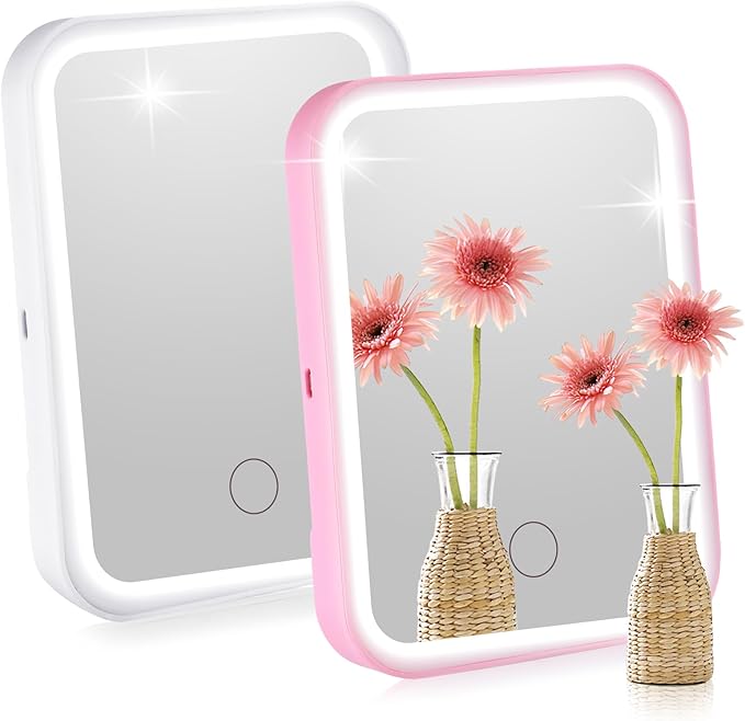Sintuff 2 Pcs Light Up Locker Mirror Accessories Rectangular Magnetic Mirror for Locker, Bathroom, Household Refrigerator, Workshop Toolbox or Cabinet(Pink, White)
