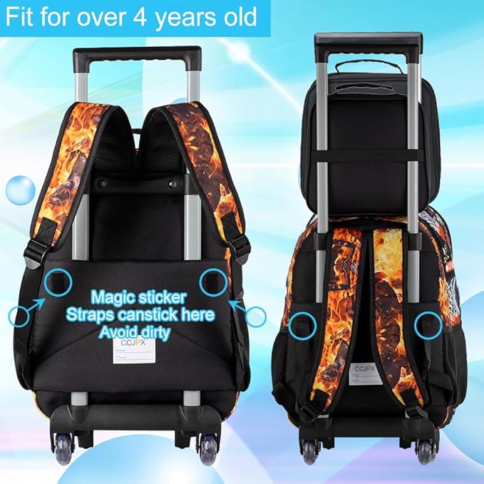 3PCS Rolling Backpack for Boys, Kids Roller Bookbag with Wheels, Dragon Wheeled School Backpack for Elementary Preschool Kindergarten(Orange)