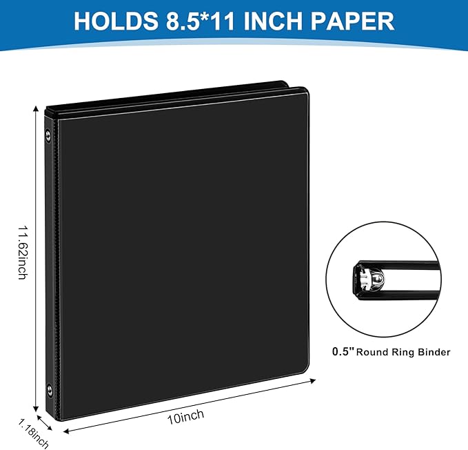 0.5-inch 3-Ring Binder, 1/2 Inch Round Ring Binder with 2 Inside Pockets, 12 Pack Black Binders, Clear View Cover Binders Holds 8.5'' x 11''Paper for Office/Home/Back to School