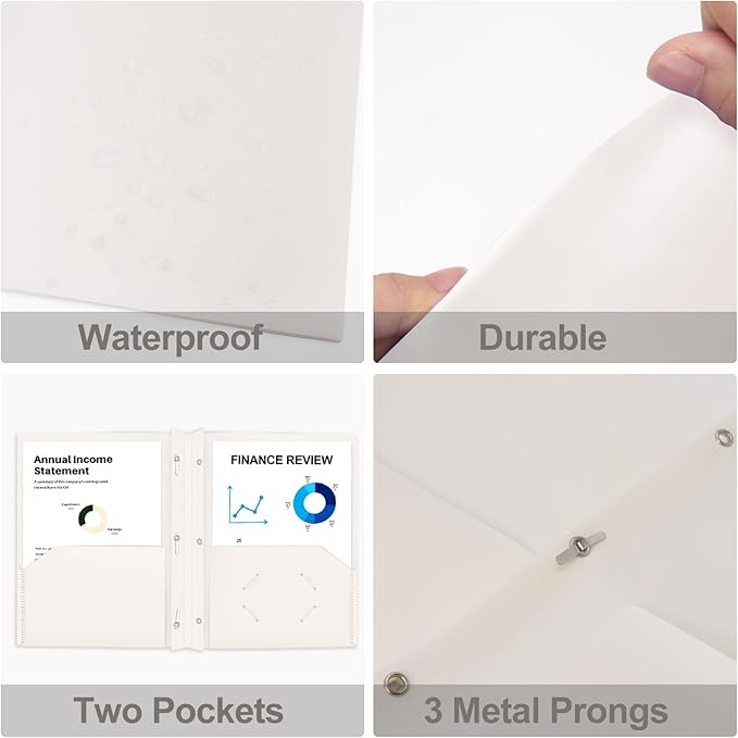 ViVin 12-Pack Sturdy Plastic Folders with Pockets and Prongs, 2 Pocket Folders with 3-Prong Fasteners, Holds 8.5 * 11 Letter Size Paper, for School, Home and Office (White)