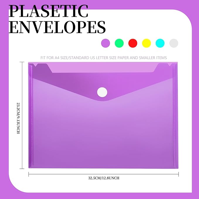 LEOBRO Plastic Envelopes, 8 PCS Plastic Folders for Documents, A4 File Folder, Document Holder, Poly Storage File Bags, Filling Envelopes