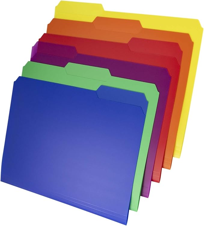 Dunwell Plastic Colored File Folders (6 Pack), 1/3 Tab Filing Folders for 8.5x11 Letter Size Documents, Assorted Colors, Acid-Free Poly, Includes Labels