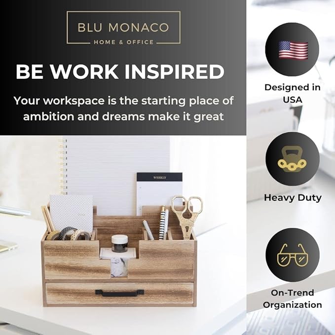 BLU MONACO Natural Wooden Office Supplies Desk Organizer with Drawer - Accessories for Women - Desktop Organization - Organization for Desk - Home Office Supplies Organizer