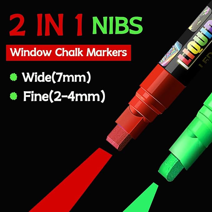 Window Chalk Markers for Cars Glass Washable, 8 Colors Jumbo Liquid Chalk Marker Pens with 7mm 2 in 1 Nib Wide Tips, Big Chalkboard Markers Car Window Paint Pens for Auto, Bistro, Poster,Mirror