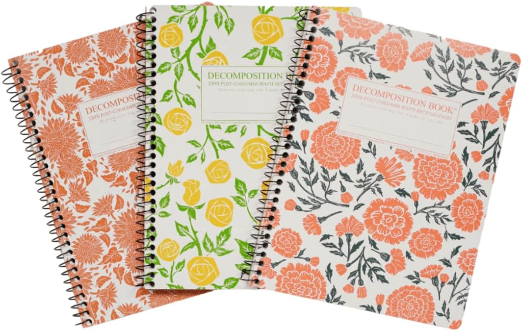 Decomposition 3-Pack Sunny Blossoms College Ruled Spiral Notebook - 9.75 x 7.5 Journal, 160 Lined Pages - 100% Recycled Paper - Notebooks for School Supplies, Home & Office - Made in USA