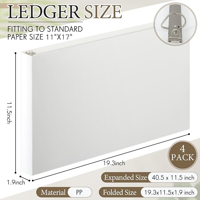 4 Pcs 11 x 17 Inch 3 Ring Binders 1.5 Inch Rings Heavy Duty View Plastic Flexible D Ring Binders Economy Holds 11" x 17" Paper for Artwork Blueprints, Office, Home, Work Places(White)