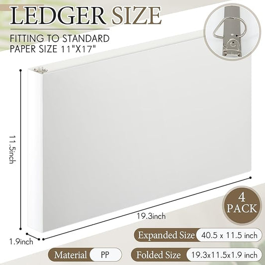 4 Pcs 11 x 17 Inch 3 Ring Binders 1.5 Inch Rings Heavy Duty View Plastic Flexible D Ring Binders Economy Holds 11" x 17" Paper for Artwork Blueprints, Office, Home, Work Places(White)