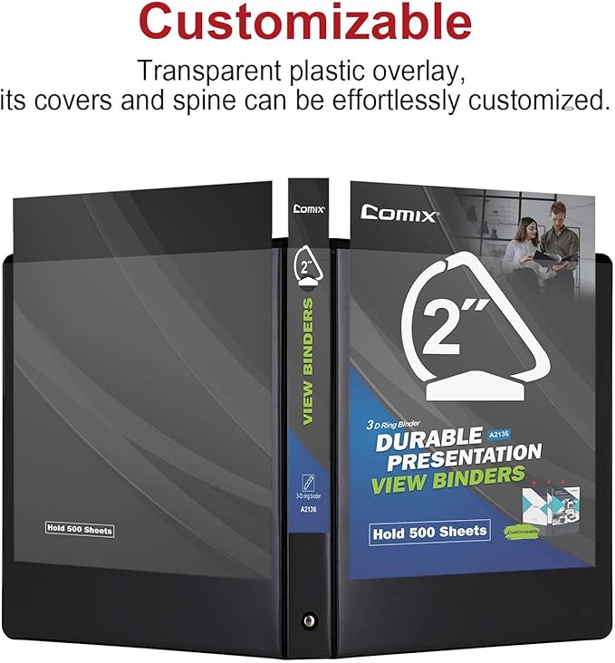 Comix Sturdy 2 Inch D-Ring Binders, 2'' 3 Ring Binder with Clear View Cover, Holds 500 Sheets of 8.5" x 11" Paper, 6 Pack (Black)