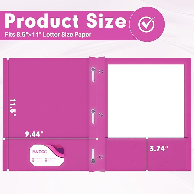 Two Pocket Folders, RAZCC 75 Pack Two Pocket Folders with Prongs, 3 Prong Folders Fit Letter Size Paper, Pocket File Folders for School Office Home Business, Rose Purple