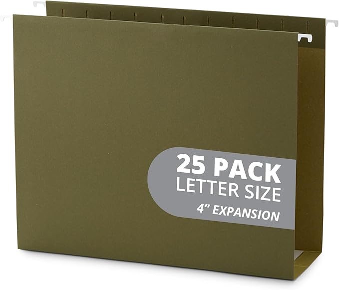 Blue Summit Supplies Extra Capacity Hanging File Folders, 25 Reinforced Hang Folders, Heavy Duty 4 Inch Expansion, Designed for Bulky Files and Charts, Letter Size, Standard Green, 25 Pack