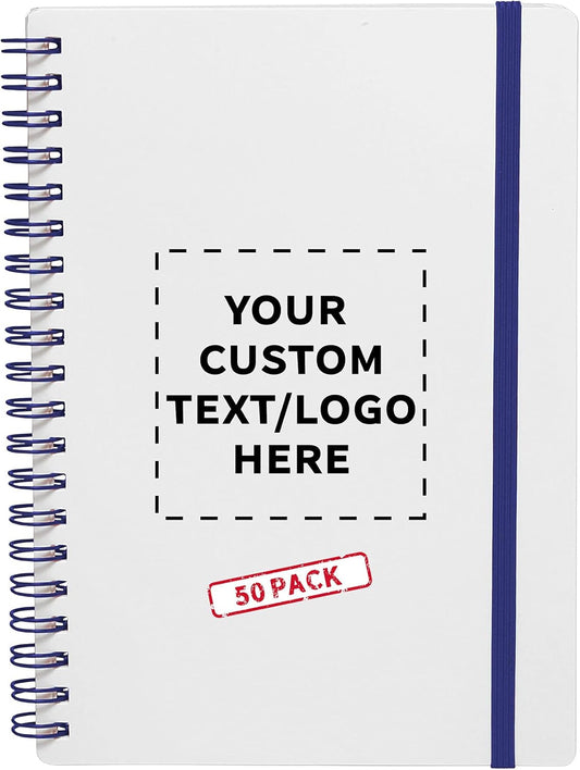 50 White Spiral Notebooks with Elastic Band Pack - Customizable Text, Logo - 80 lined pages, Recycled - Blue