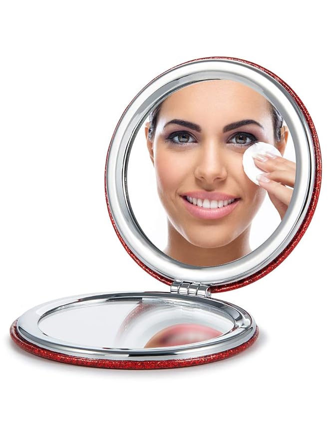 OMIRO 1X/10X Magnifying Compact Mirror with PU Leather, Ultra-Portable for Purses and Travel, Round Red