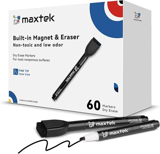 maxtek Magnetic Black Dry Erase Markers, 60 Count Fine Tip Whiteboard Markers with Eraser, Low Odor for Classroom, Office, Home