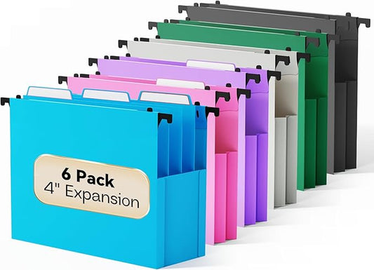 Plastic Extra Capacity Hanging File Folders,6 Pack Heavy Duty 4" Expanding Pocket with Movable Dividers,Large Hanging Folders,Letter Size Filing Cabinet,Adjustable Tabs,for Bulky Files,Colorful