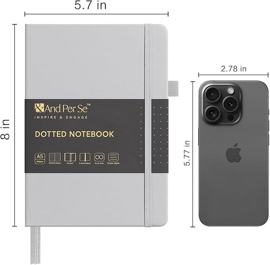&And Per Se Dotted Journal Notebook, A5 Hardcover Leather Bullet Dotted Journal, 160 Pages 100 gsm Thick Dotted Paper，3 Sheets of Stickers Included - 5.7'' x 8''（Grey）