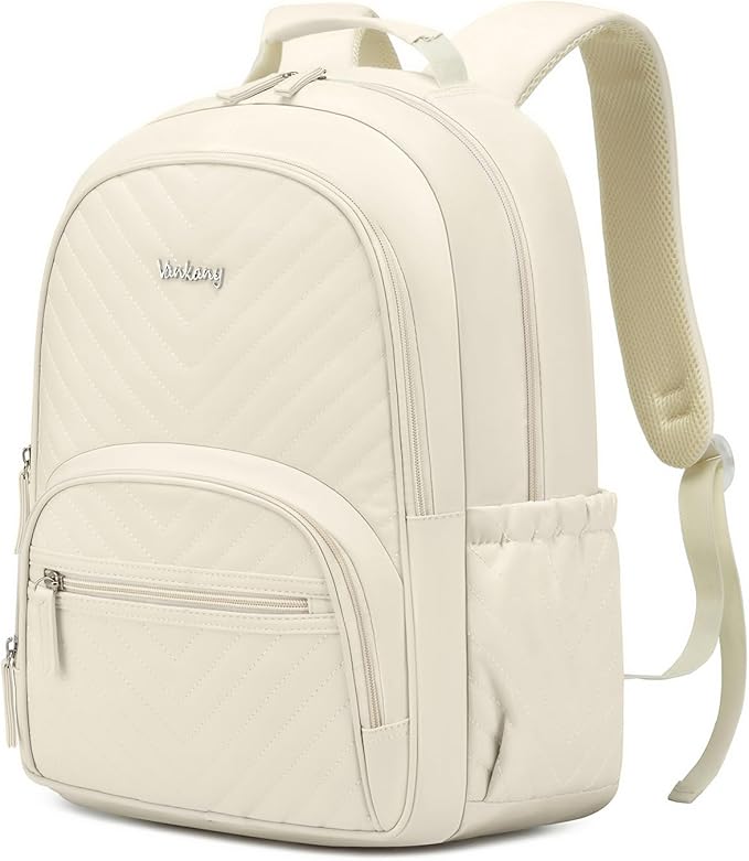 College Bookbag for Women Student, 15.6in Laptop Backpack Middle High School Bag for Teen Girls Teacher Work Commuter Travel, Beige