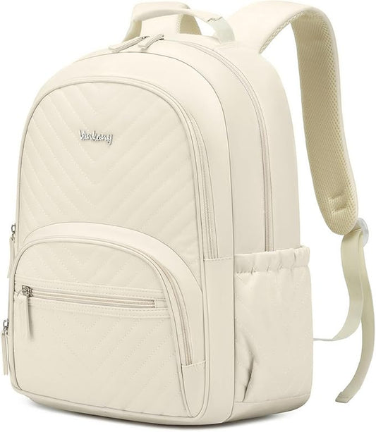 College Bookbag for Women Student, 15.6in Laptop Backpack Middle High School Bag for Teen Girls Teacher Work Commuter Travel, Beige