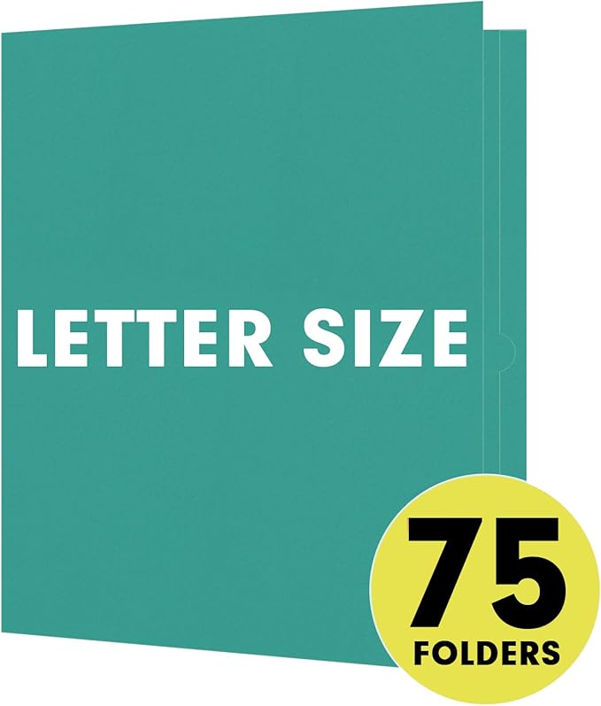 Two Pocket Folders, RAZCC 75 Pack 2 Pocket Folders Fit Letter Size Paper, Paper Folders with Pockets for School Office Business Home, Turquoise