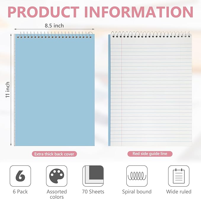 6 Pack 8.5 x 11'' Top Bound Office Steno Book Wide Ruled Double Sided Spiral Notebooks Reliable White Paper 70 Sheets/Pad Pastel Colors Covers for Writing School Notes(Earthy Color)
