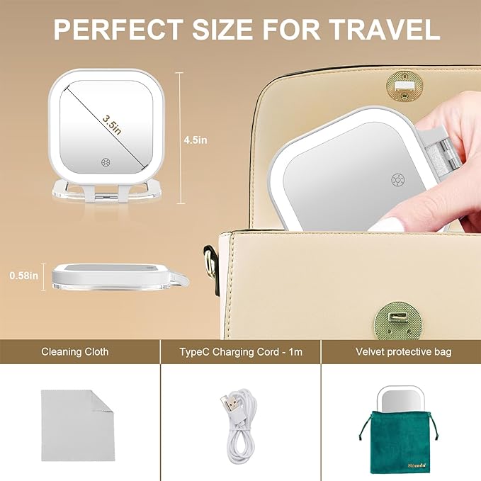 Mocado Compact Travel Makeup Mirror, 1X/20X Magnifying Mirror with Light, Double Sides Compact Mirror with 3 Color Light, Dimmable Handheld Mirror, Rechargeable Travel for Purse,Pocket(White)