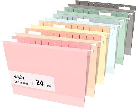 ViVin Hanging File Folders, 1/5-Cut Adjustable Tabs with 24 Per Box, 2 Inch Expansion, 24 Pack Letter Size Hanging File Folders, Designed for Office Home School Filing Cabinet(Assorted)