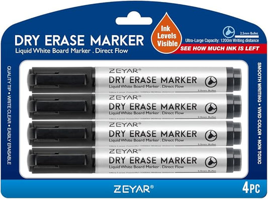 ZEYAR Dry Erase Marker Low-Odor Bullet Tip, Ultra-Large Capacity, Advanced Direct Flow Structure, Whiteboard Marker for School, Office, Home, 4 Count (4 Black)