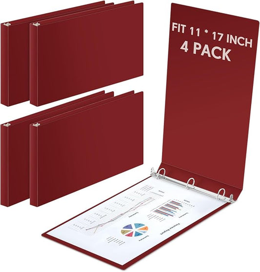 4 Pcs 11 x 17 Inch 3 Ring Binders 2 Inch Rings Heavy Duty View Plastic Flexible D Ring Binders Economy Holds 11" x 17" Paper for Artwork Blueprints, Office, Home, Work Places(Red)
