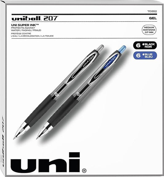 Uniball Signo 207, Retractable Gel Pens, 0.7mm Medium Point, 12 Pack; 6 Black & 6 Blue