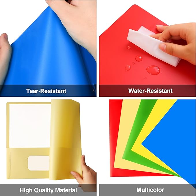 HABGP 100 Folders with Pockets, 5 Color Heavy Duty Plastic Two Pocket Folder with Business Card Holder for Office High School Business Resume