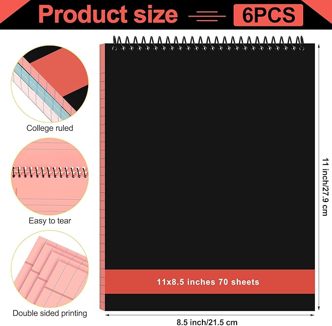 6 Pcs Legal Pad Top Spiral Bound Notebook 70 Sheets Wirebound Notepad Double Sided Ruled Memo Steno Book with Stiff Back Cover for Business(8.5 x 11 Inches,No Holes,Retro Colors)