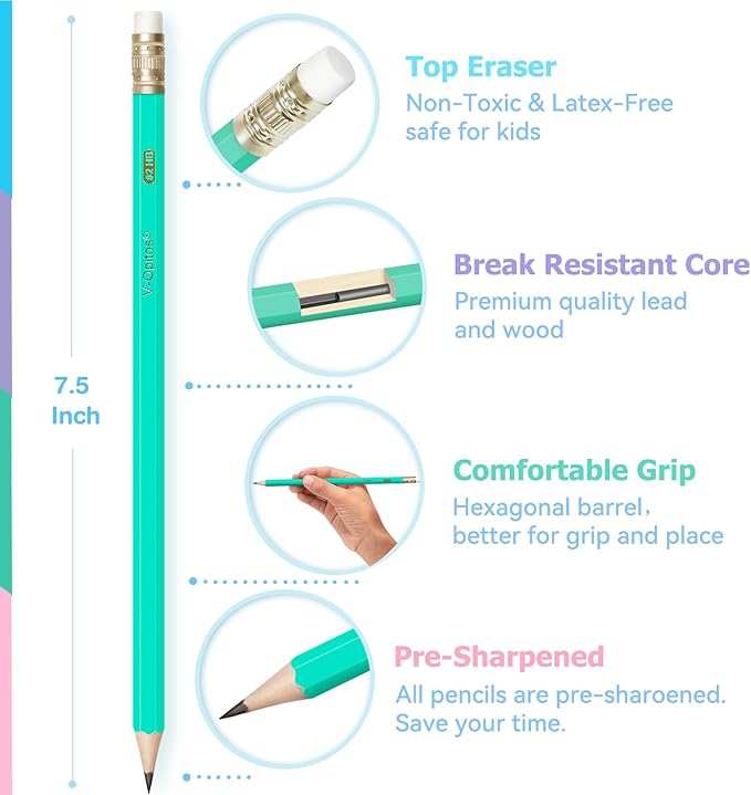 V-Opitos 200 Pack #2 HB Pencils, Bulk Wood-Cased Pre-Sharpened Pastel Color Pencils with Top Erasers, School Teacher Supplies, Writing, Drawing and Sketching