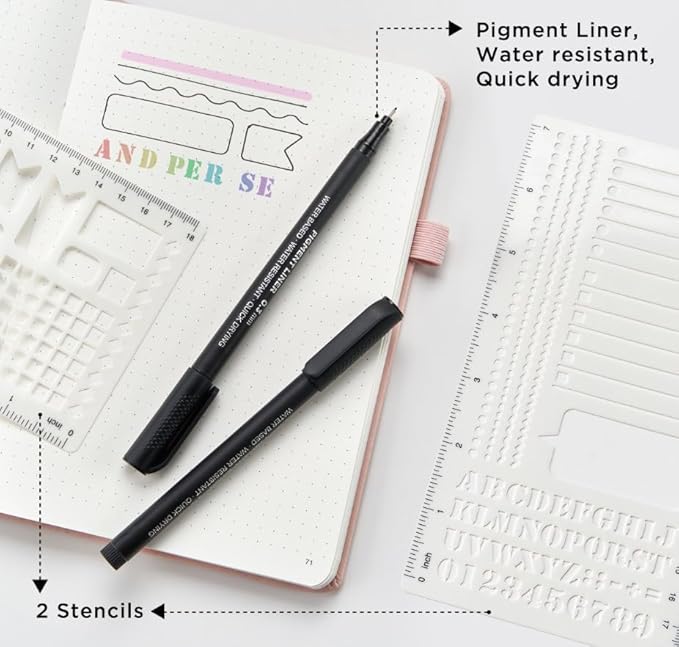 &And Per Se Bullet Dotted Journal Notebook, A5 Leather Hardcover, 176 Numbered Pages 100GSM Thick Dotted Paper, 2 Sheets of Stencils Included - 5.7'' x 8'' (Black)